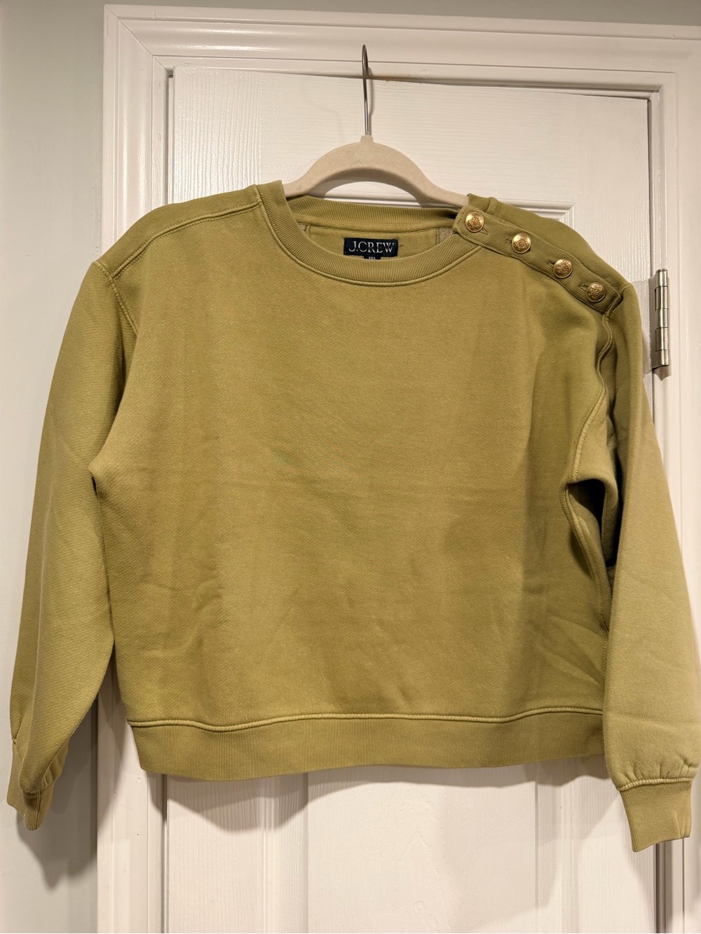 NWOT J.Crew Size XXS Green Gold Button Shoulder Sweatshirt Crewneck Pullover Top